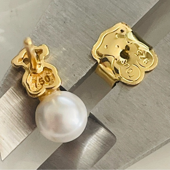 Tous Jewelry - TOUS Gold Bear on Round White Pearl Studs Scoops Earrings